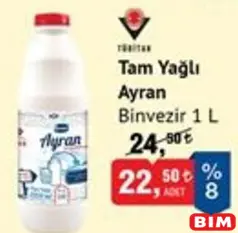 BİNVEZİR TAM YAĞLI AYRAN 1 L